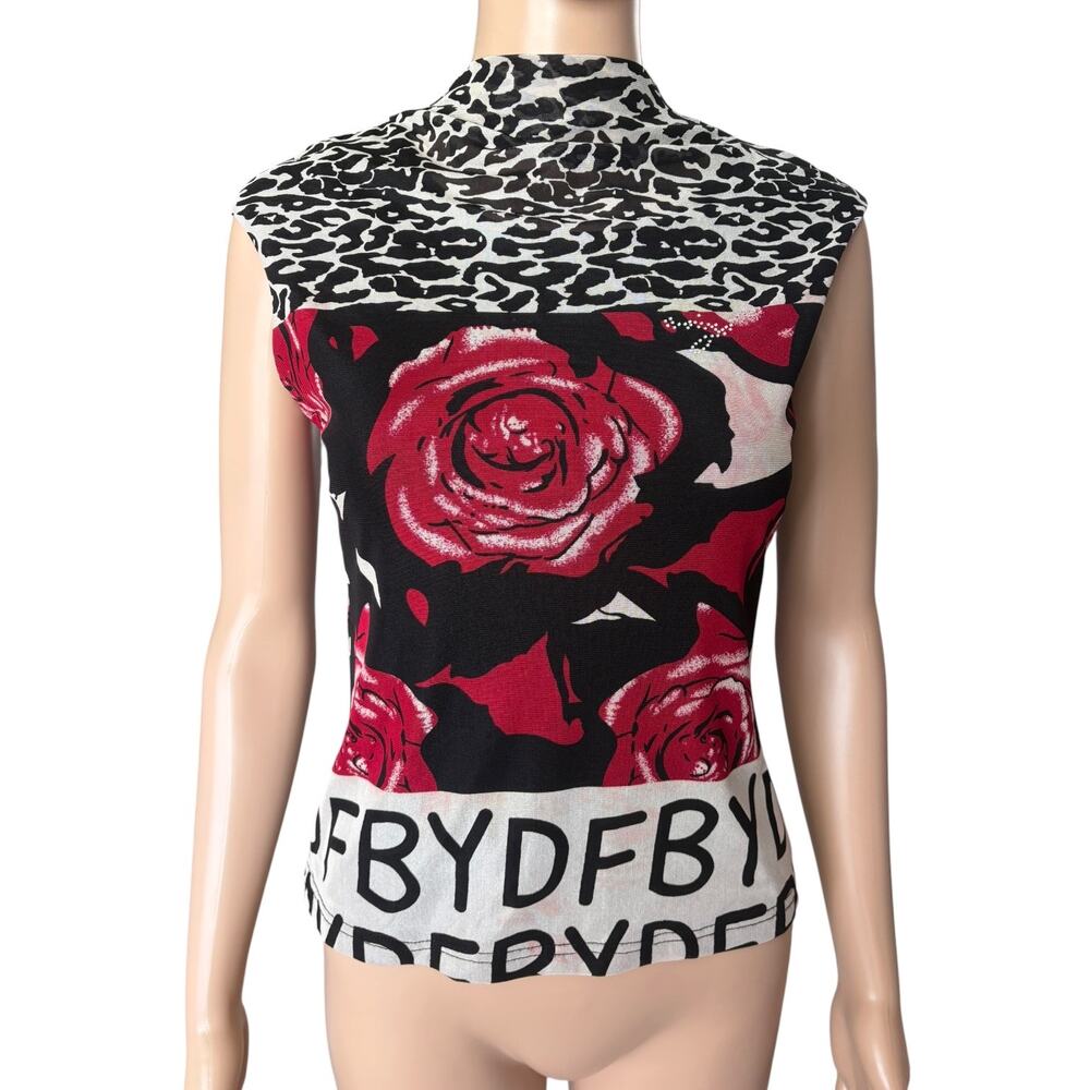 Y2K Mesh Mock Neck Floral Leopard Print Top Red Black Stretch Goth Grunge Sz 13
